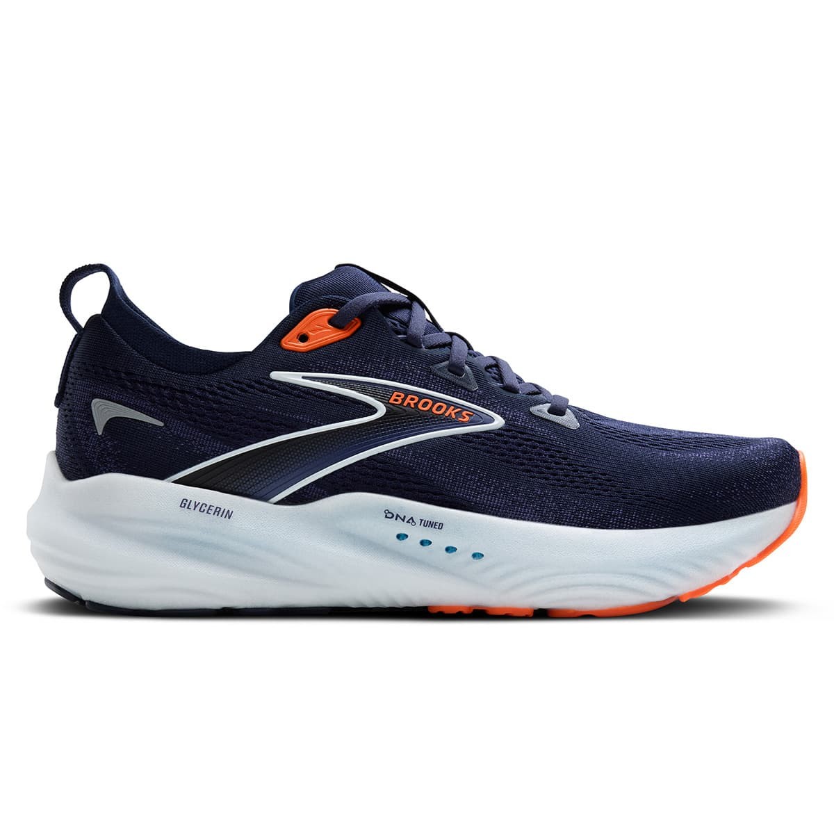 Men's Brooks Glycerin 22 running shoes in peacoat blue with orange accents, featuring a breathable mesh upper, cushioned sole, and a sleek design for comfort and performance.