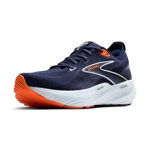 Navy blue Brooks Glycerin 22 men's running shoes featuring a breathable mesh upper, orange accents, cushioned sole, and a sleek design, size 9.5 D.