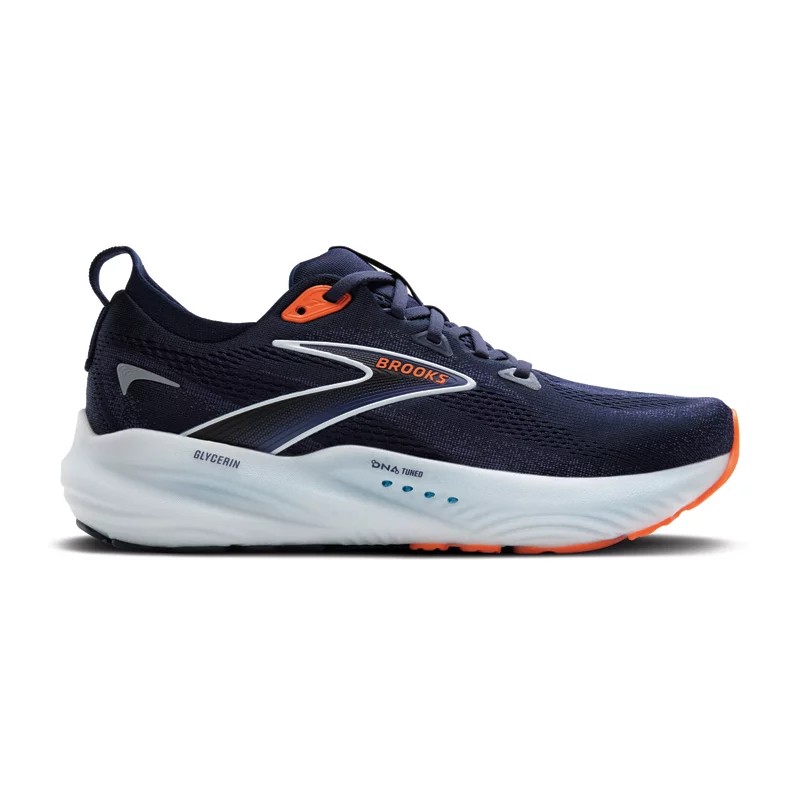 Men's Brooks Glycerin 22 running shoe in navy blue with orange accents, featuring a breathable mesh upper, cushioned sole, and DNA LOFT technology for comfort.