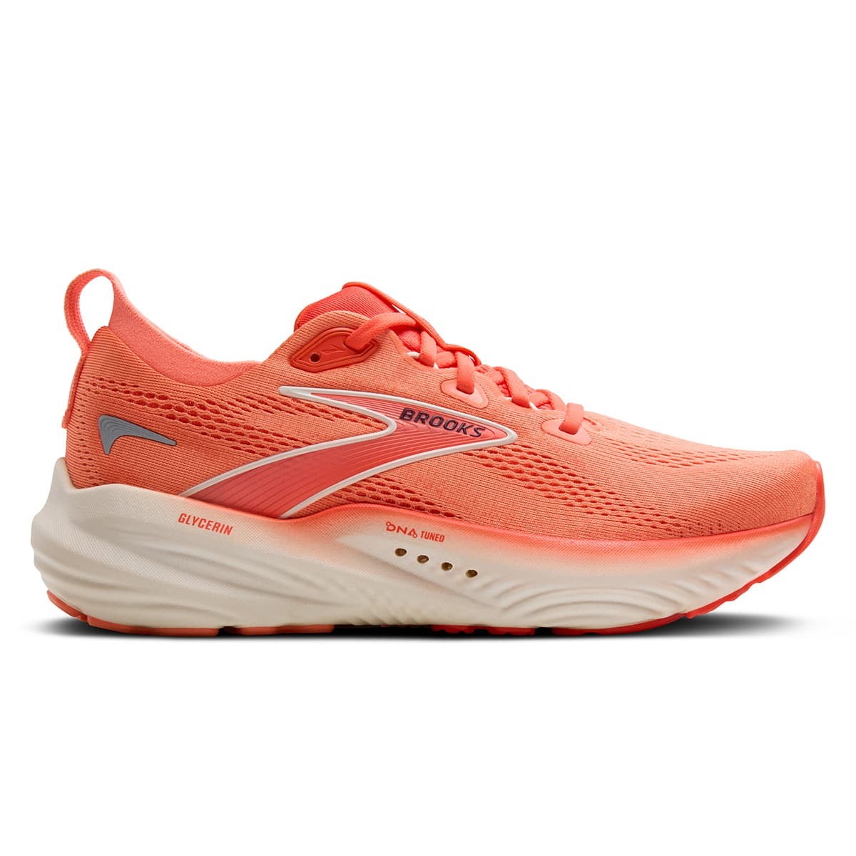 Womens Brooks Glycerin 22 running shoes in Desert Flower, Hot Coral, and Milk Pink, featuring a breathable mesh upper, cushioned sole, and a sleek design in size 9.
