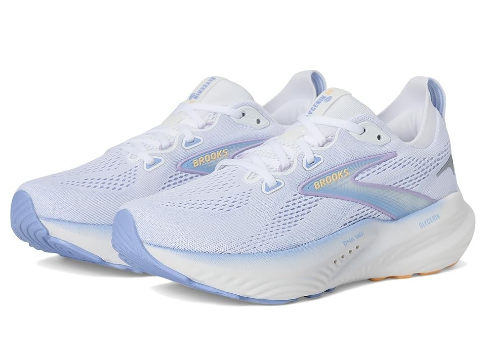 White Brooks Glycerin 22 women's running shoes featuring a breathable mesh upper, soft cushioning, and a light blue gradient sole for comfort and style.