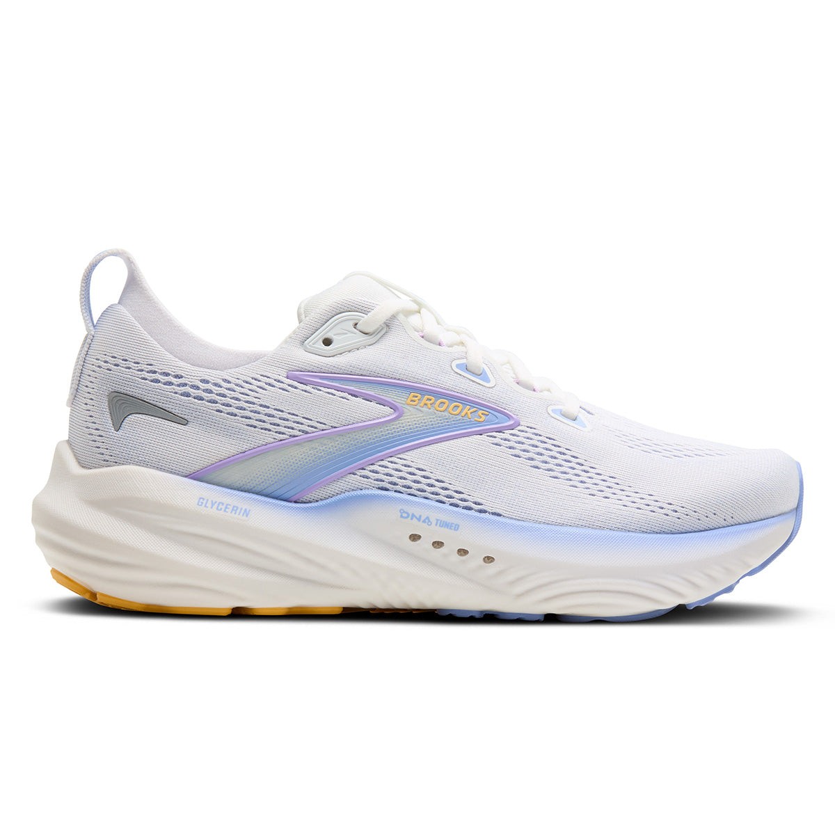 White running shoe with blue heron and apricot accents, featuring a breathable mesh upper, cushioned sole, and a sleek design, labeled "Brooks Glycerin 22."
