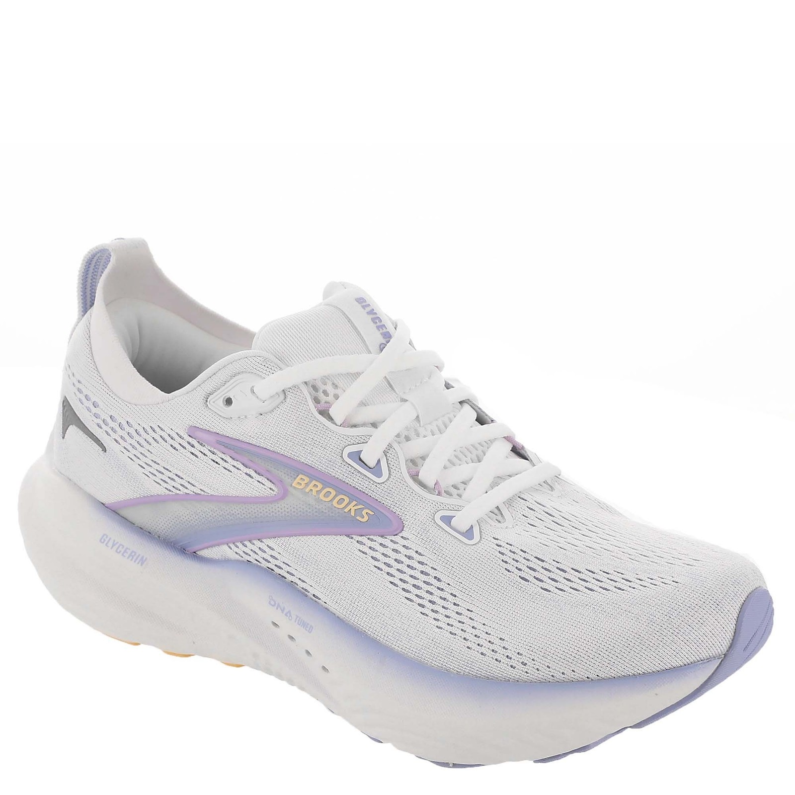 White Brooks Glycerin 22 women's running shoe featuring a breathable mesh upper, purple accents, cushioned sole, and reflective detailing for enhanced visibility.