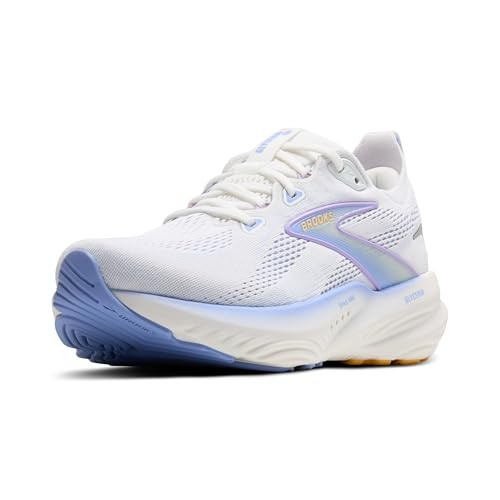 Men's Brooks Glycerin 22 sneakers in white and blue, featuring a breathable mesh upper, cushioned sole, and reflective detailing for enhanced visibility during running.
