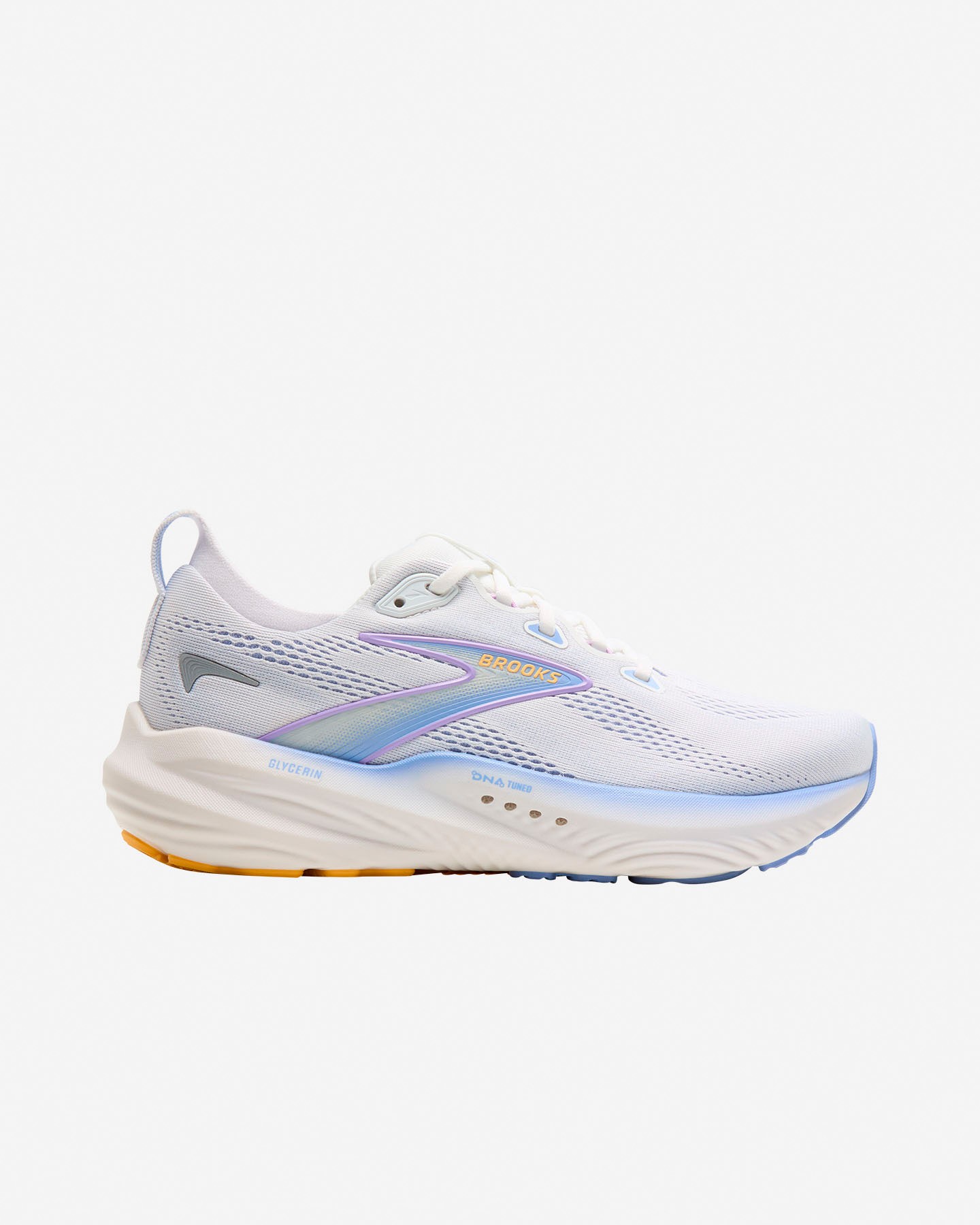 White Brooks Glycerin 22 running shoes for women feature a breathable mesh upper, pastel accents, and a cushioned sole for comfort and support.