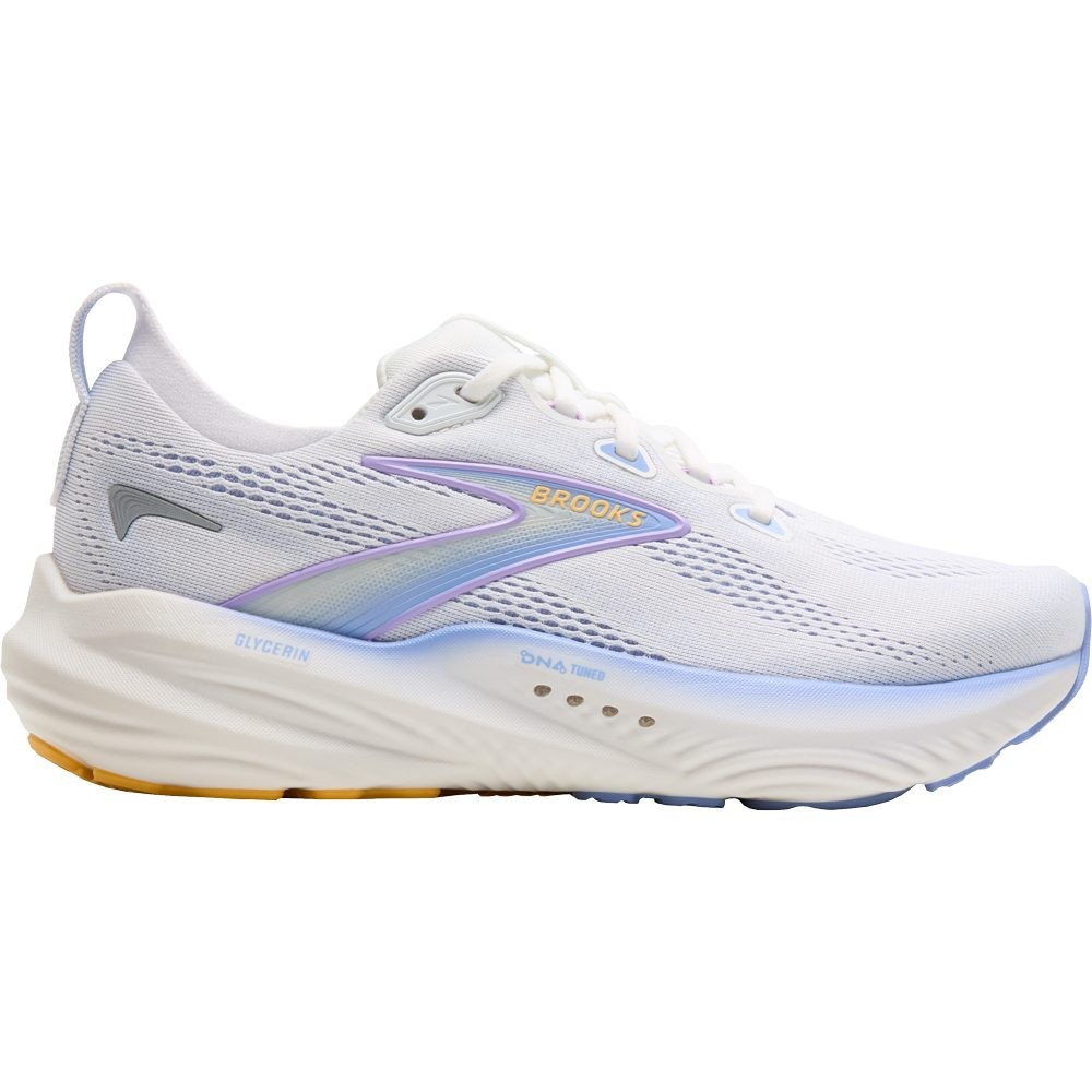 White Brooks Glycerin 22 running shoes for women feature a breathable mesh upper, cushioned sole, and a subtle gradient design with lavender accents and a grey logo.