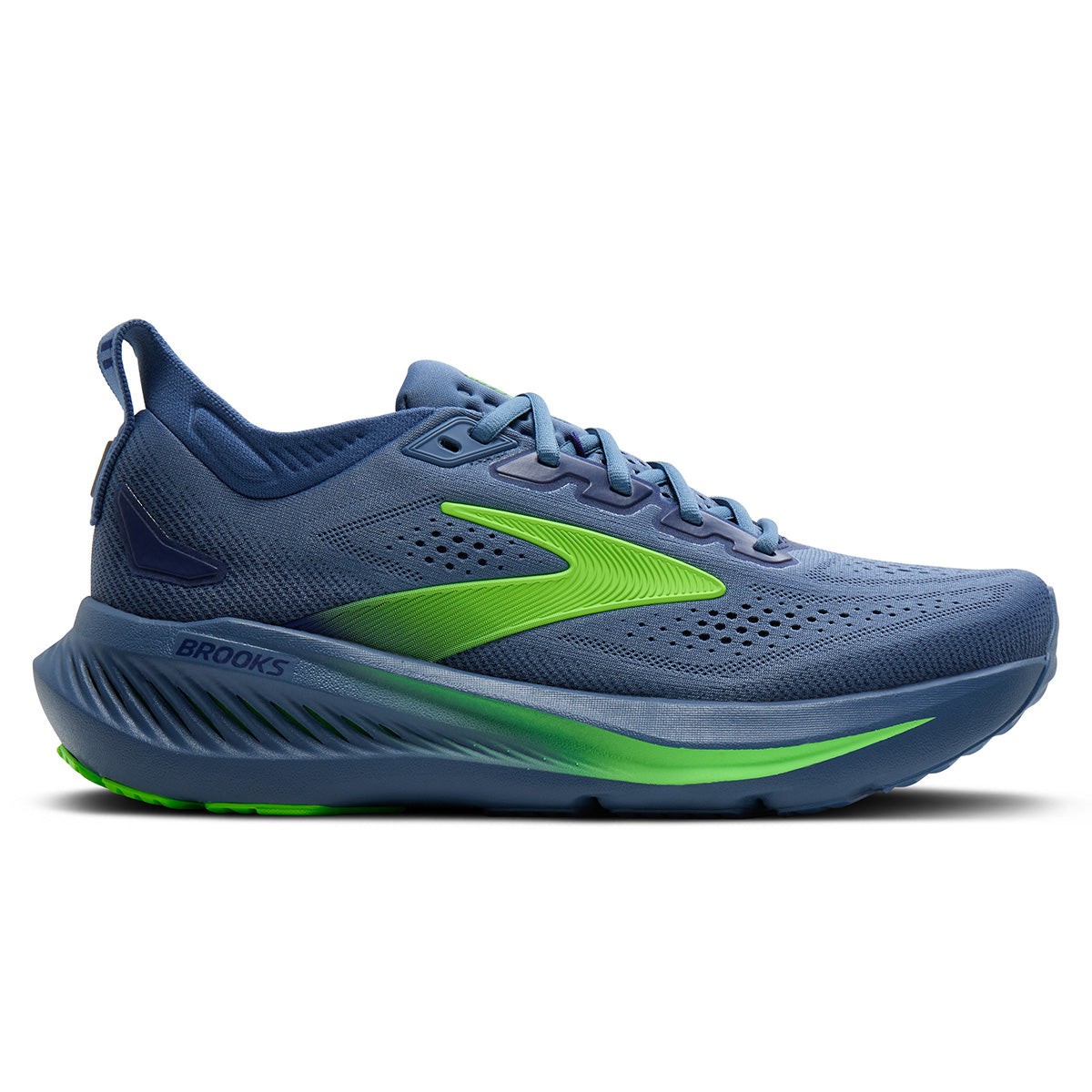 Men's Brooks Glycerin 23 running shoes in moonlight blue with green Gecko accents, featuring a breathable mesh upper and cushioned sole for comfort, size 14, standard width.