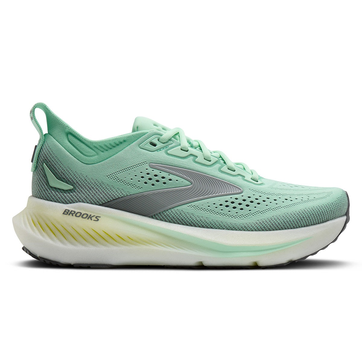 Turquoise green Brooks Glycerin 23 medium shoes for women feature a breathable mesh upper, cushioned sole, and reflective detailing, size 42.