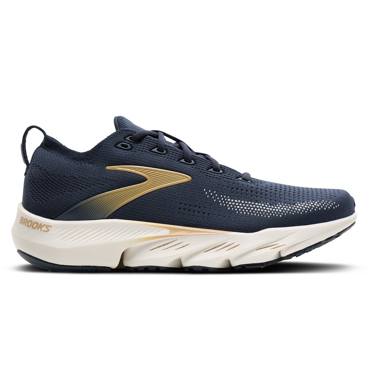 Navy blue and gold Brooks Men's Glycerin Flex Running Sneakers feature a breathable mesh upper, cushioned sole, and a sleek design for optimal performance.