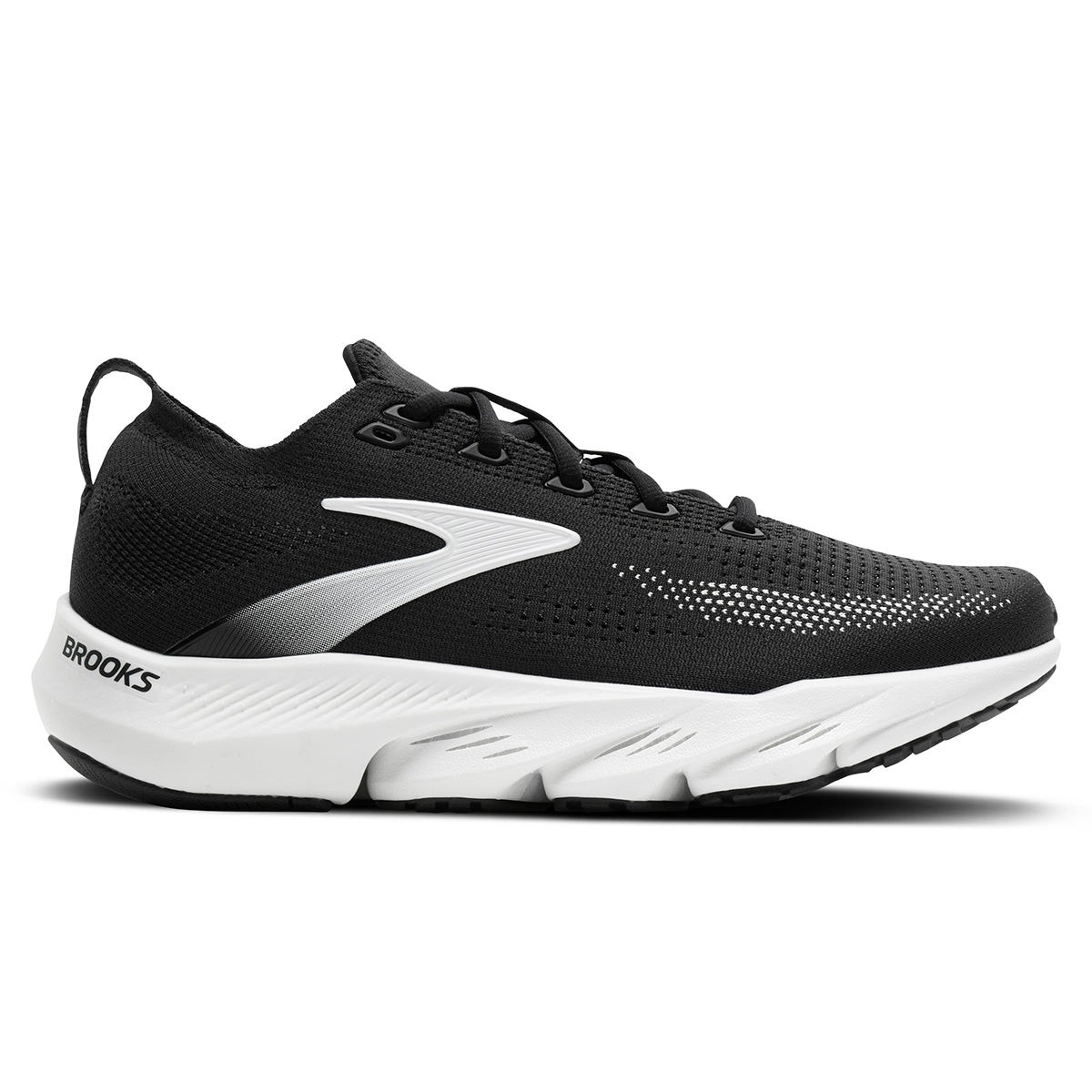Black and white Brooks Glycerin Flex women's shoes featuring a synthetic upper, breathable mesh, and a cushioned sole, size 12 B - Medium.