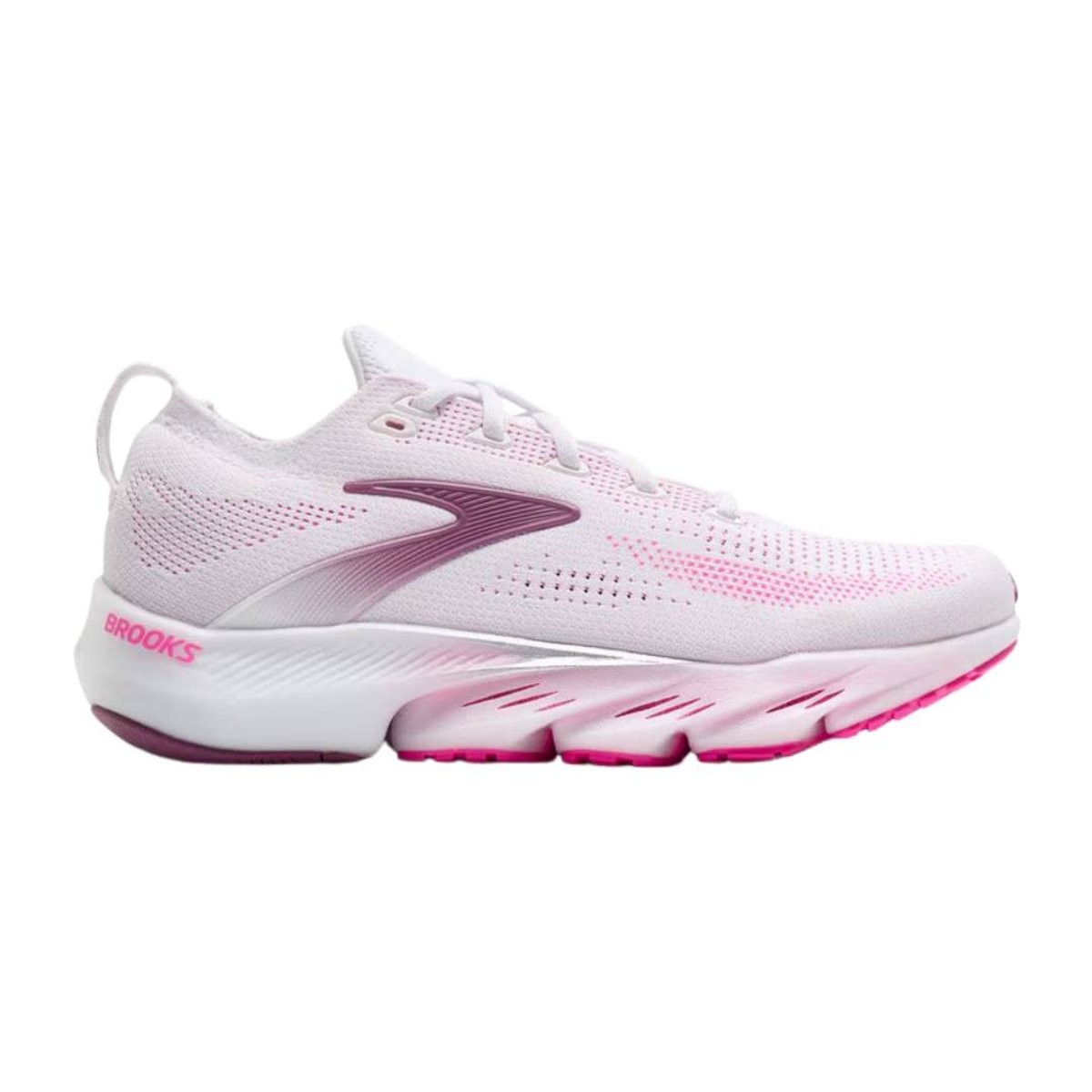 Women's Brooks Glycerin Flex running shoes in white with cyber pink accents, featuring a breathable mesh upper, cushioned sole, and a sleek, modern design.