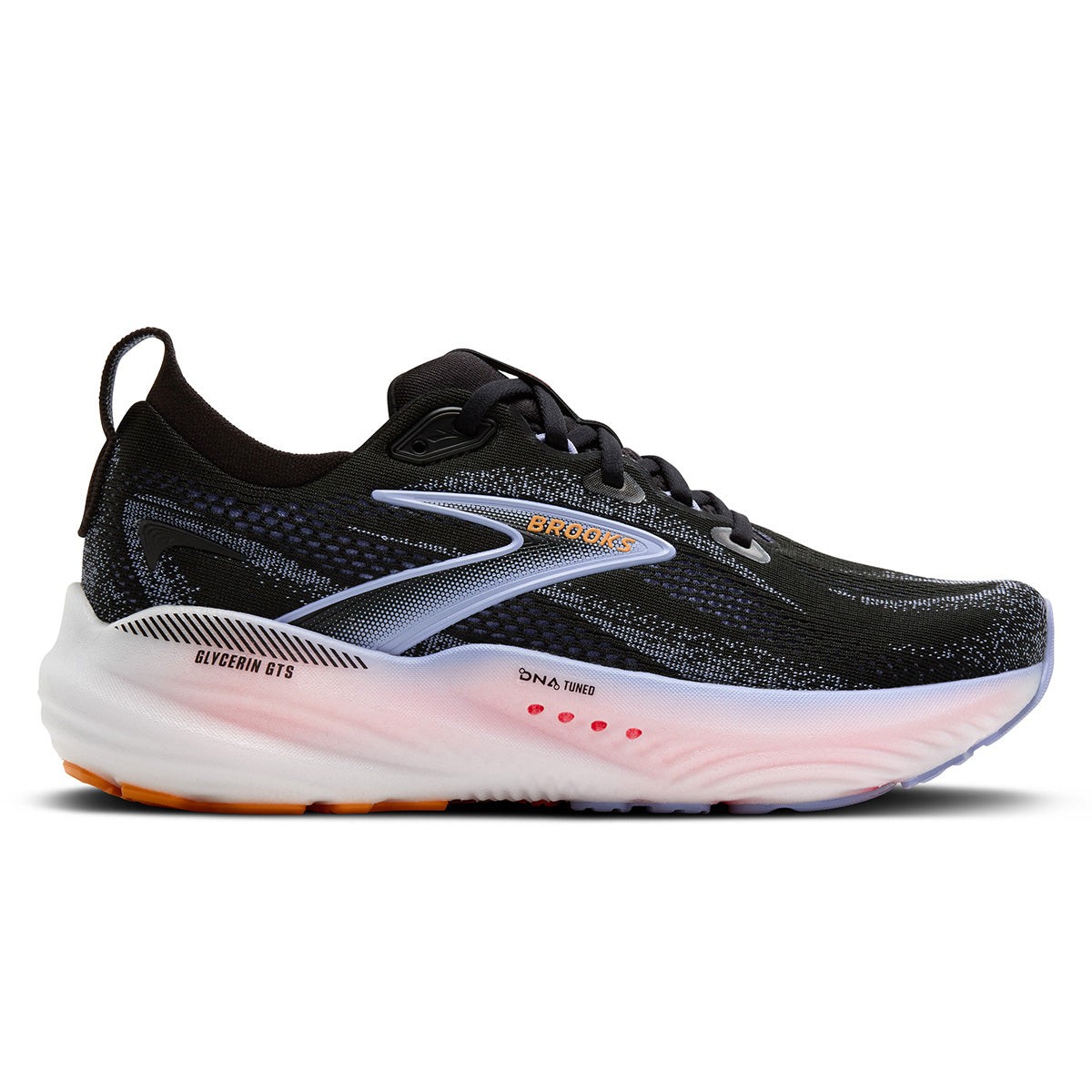 Black and blue running shoe with orange accents, featuring a breathable mesh upper, cushioned sole, and a sleek design, ideal for comfort and performance.