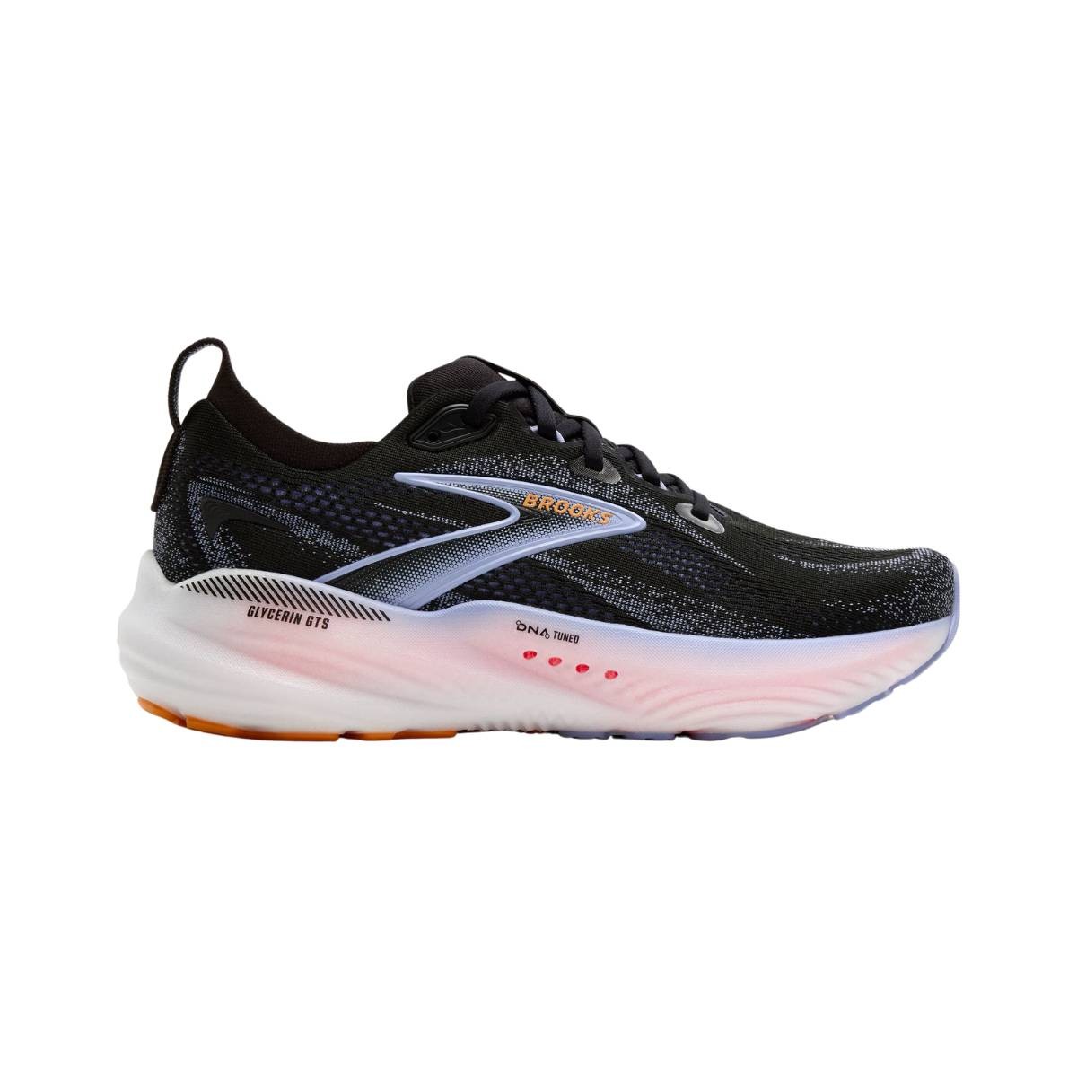 Black and orange Brooks Glycerin GTS 22 running shoes for women, featuring a sleek design, breathable mesh upper, and cushioned sole, size 38.5.