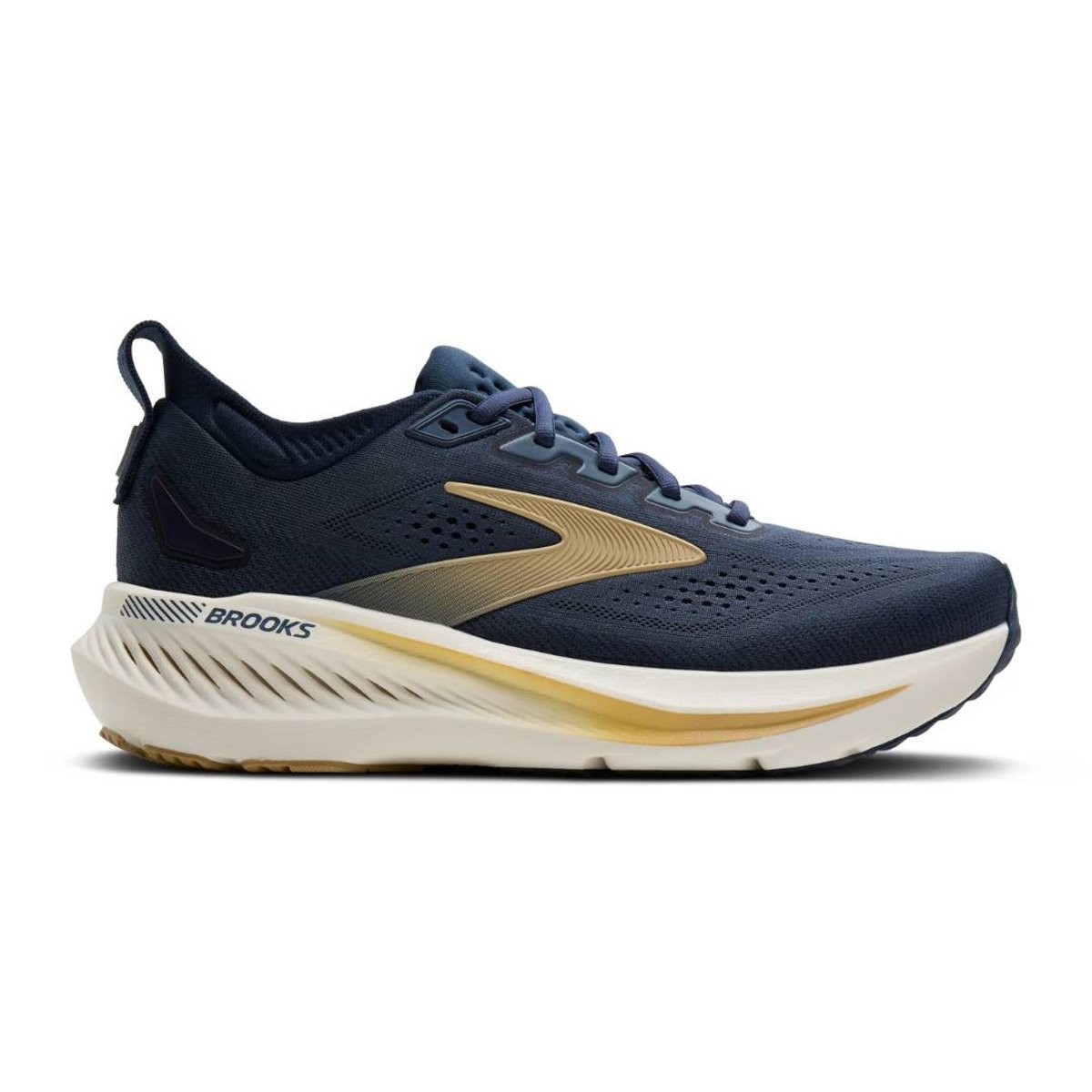 Navy blue running shoes with a breathable mesh upper, featuring a gold swoosh design, cushioned sole, and a sleek silhouette for enhanced performance.