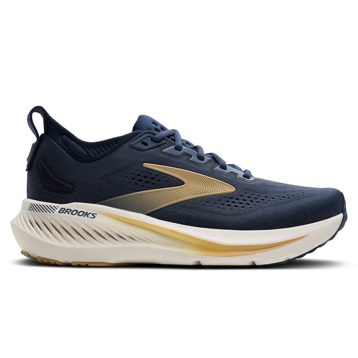 Navy blue running shoes with a breathable mesh upper, gold accents, cushioned sole, and a sleek design, featuring the Brooks logo on the side.