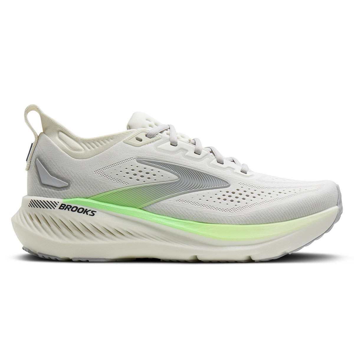 Men's Brooks Glycerin GTS 23 running shoes in grey with green and black accents, featuring a breathable mesh upper, cushioned sole, and reflective details for visibility.