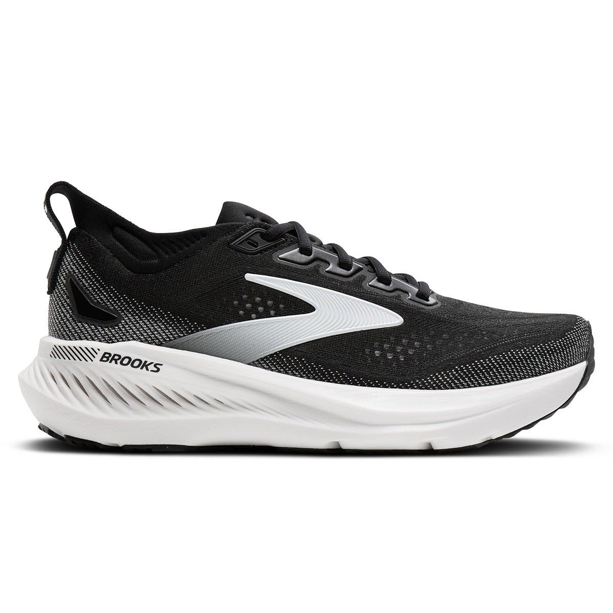 Black, grey, and white synthetic Brooks Glycerin GTS 23 women's shoes featuring a cushioned sole, breathable mesh upper, and reflective detailing, size 10 D - Wide.