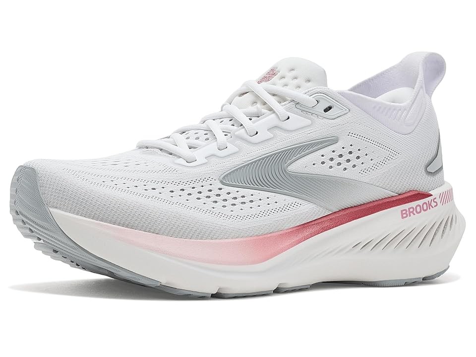 Women's Brooks Glycerin GTS 23 running shoes in white, harbor mist, and metallic, featuring a breathable mesh upper, cushioned sole, and pink accents for enhanced comfort and style.