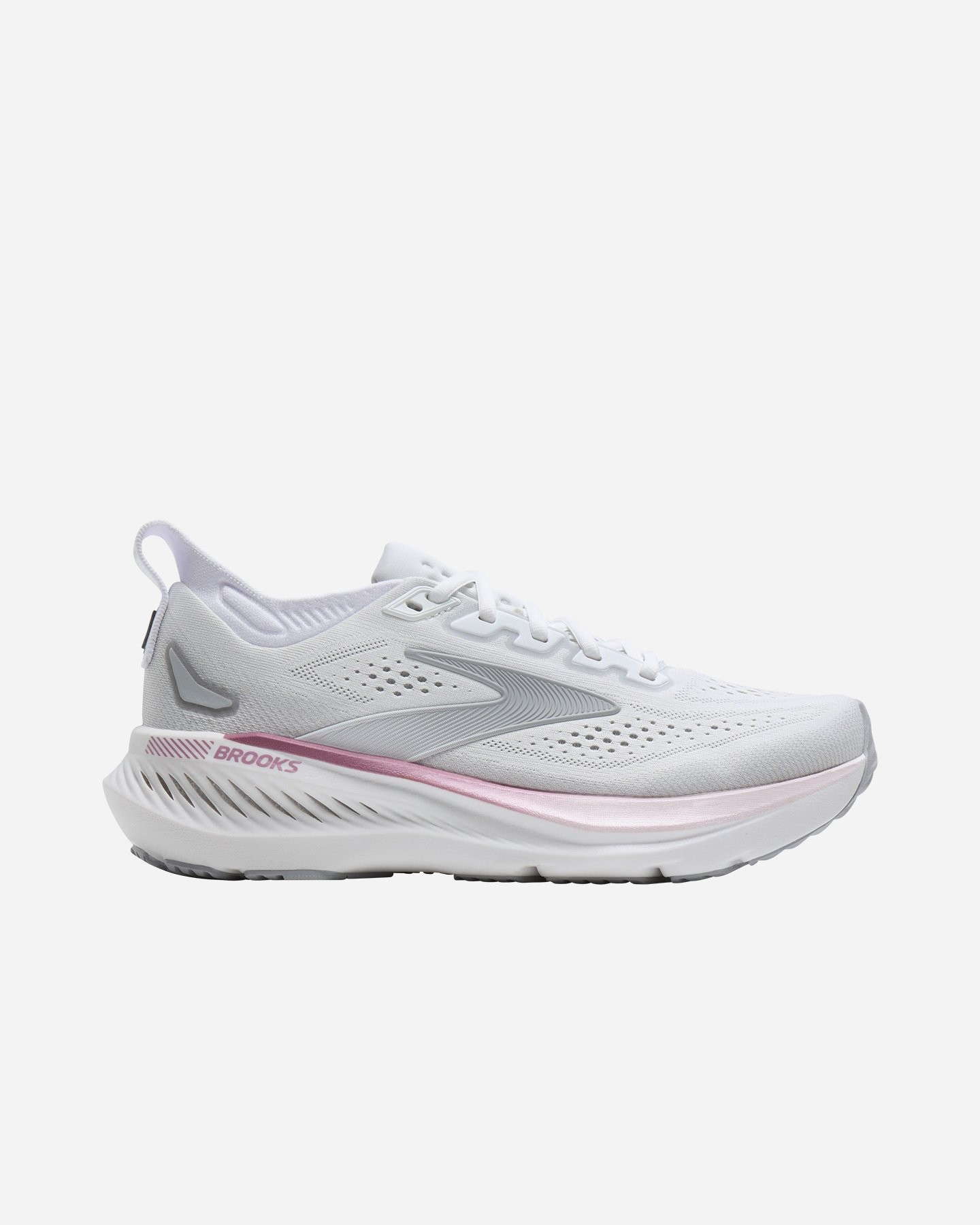 Women's Brooks Glycerin GTS 23 running shoes in white with harbor mist and metallic accents, featuring a breathable mesh upper and cushioned sole for comfort.