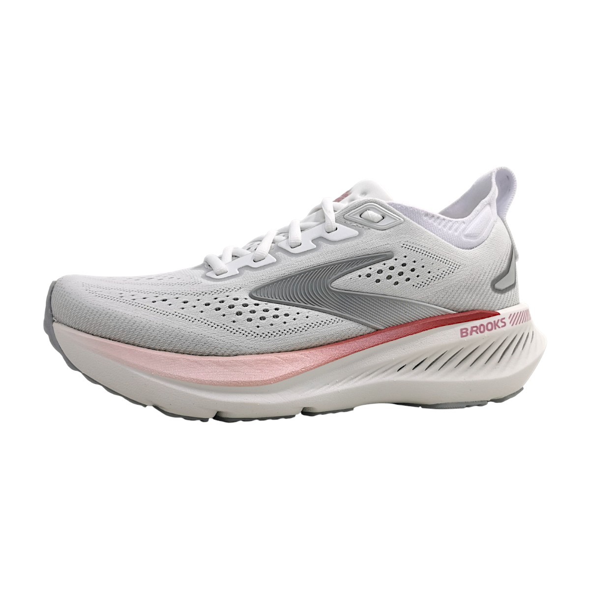 White and gray synthetic running shoes with a pink and metallic accent, featuring a cushioned sole and breathable mesh upper, designed for women's medium fit.