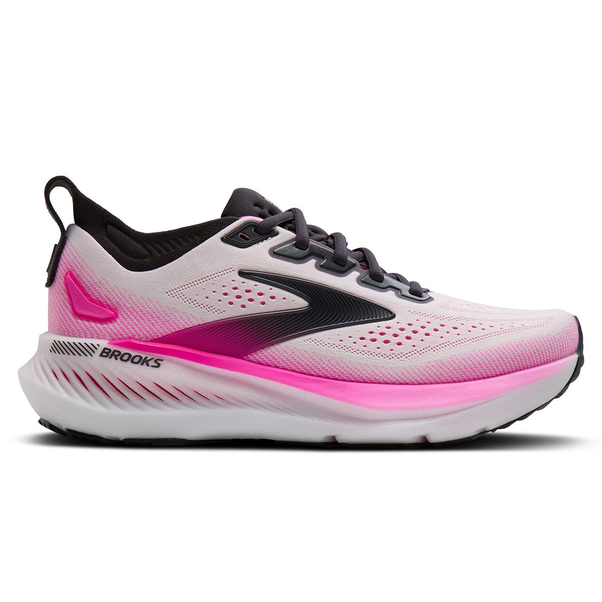 Brooks Glycerin GTS 23 women's running shoes in white, phantom, and cyber pink, featuring a breathable mesh upper, cushioned sole, and a sleek design for comfort and support.