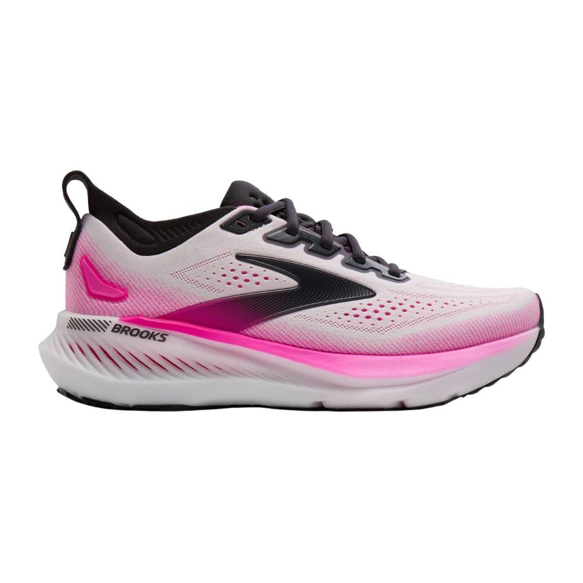 Light pink running shoes with a black and dark pink swoosh, featuring a breathable mesh upper, cushioned sole, and textured detailing for enhanced traction.
