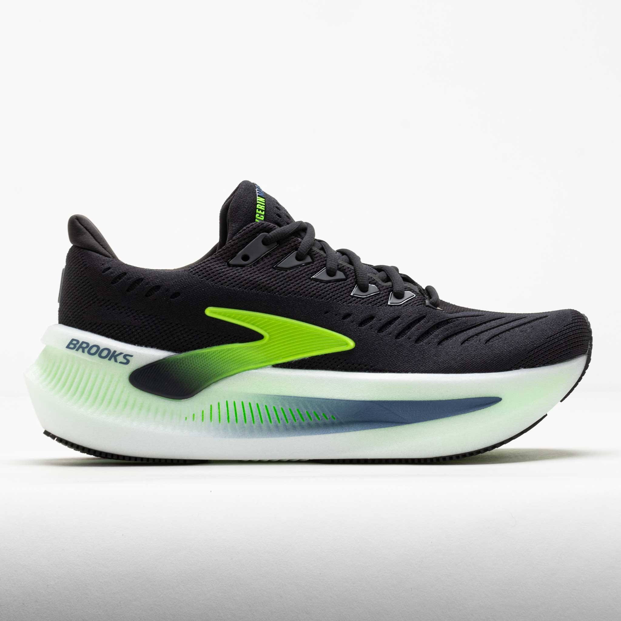 Men's Brooks Glycerin Max 2 running shoes in black with white and green accents, featuring a sleek design, breathable mesh upper, and a cushioned sole for comfort and support.