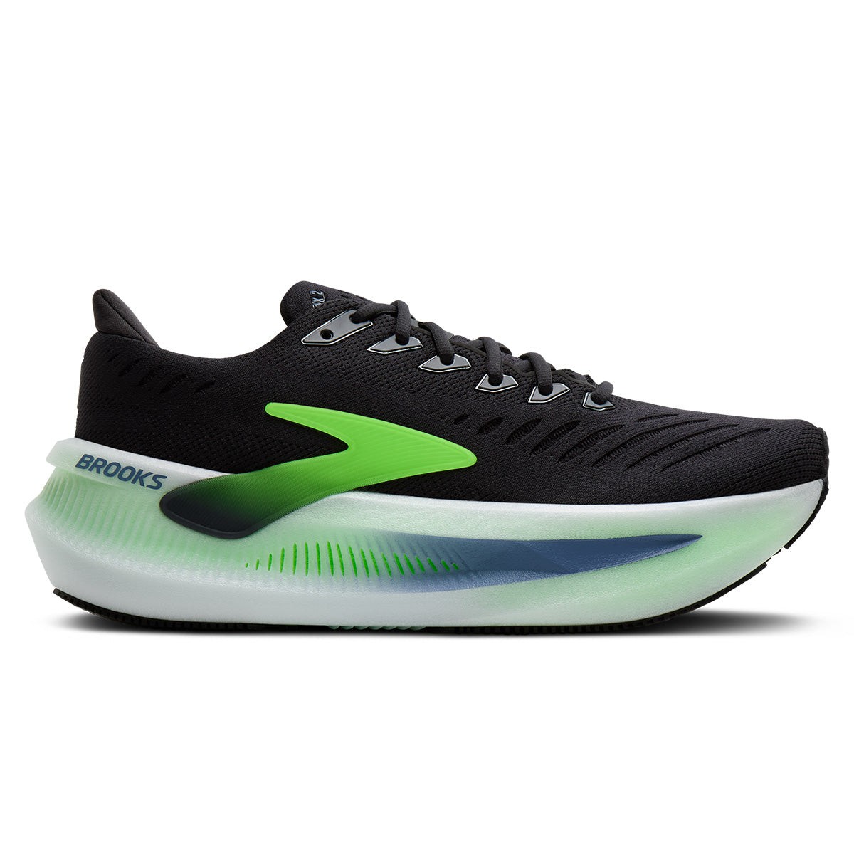 Black synthetic cross-training shoe with a sleek design, featuring a green Gecko accent, white midsole, and textured upper for enhanced breathability and support.