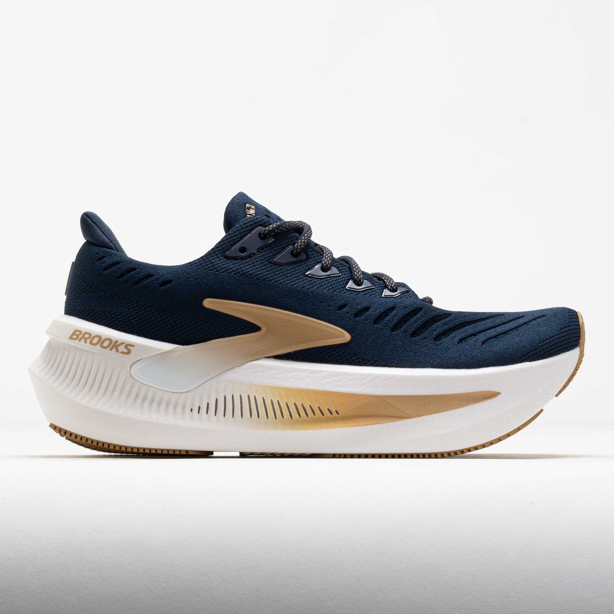 Brooks Glycerin Max 2 men's cross training shoes in navy blue with gold accents, featuring a breathable synthetic upper and a cushioned white sole, size 11.5 D.