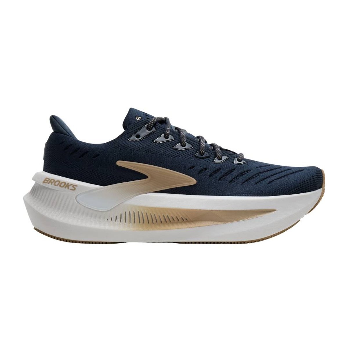 Brooks Glycerin Max 2 men's cross training shoes in navy blue with gold accents, featuring a synthetic upper, cushioned sole, and breathable mesh design, size 9.5 D - Medium.
