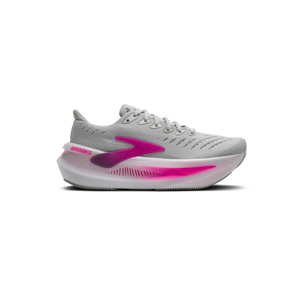 Women's Brooks Glycerin Max 2 shoes in Oyster, Argyle, and Cyber Pink, featuring a synthetic upper, breathable mesh, and a distinctive pink midsole design.
