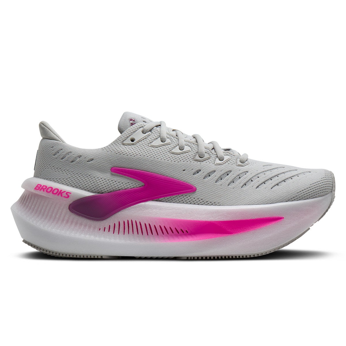 Light gray synthetic running shoes with a pink and purple gradient midsole, featuring a breathable upper and a cushioned sole, labeled "Brooks" on the side.