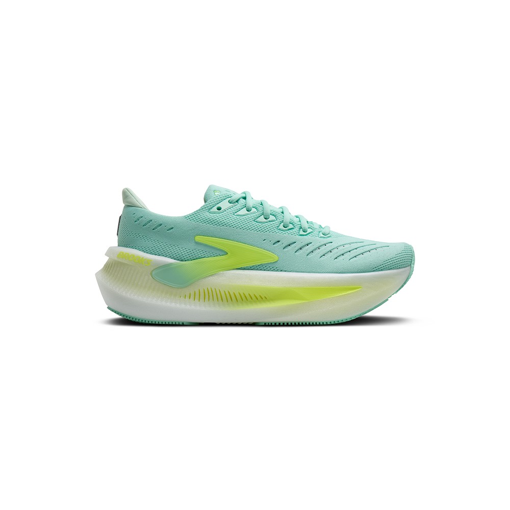 Light teal women's running shoes featuring a breathable upper, cushioned sole, and a distinctive yellow accent on the side for enhanced visibility and style.