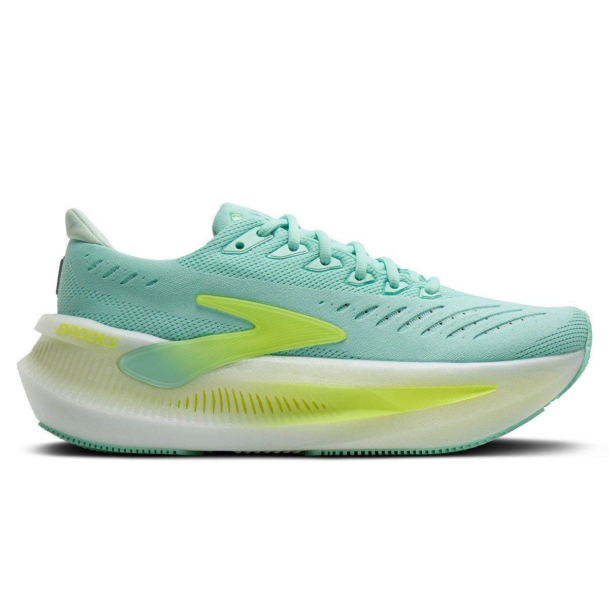 Light green running shoe with a breathable mesh upper, featuring a vibrant yellow-green accent and a thick, cushioned white sole, designed for comfort and support.