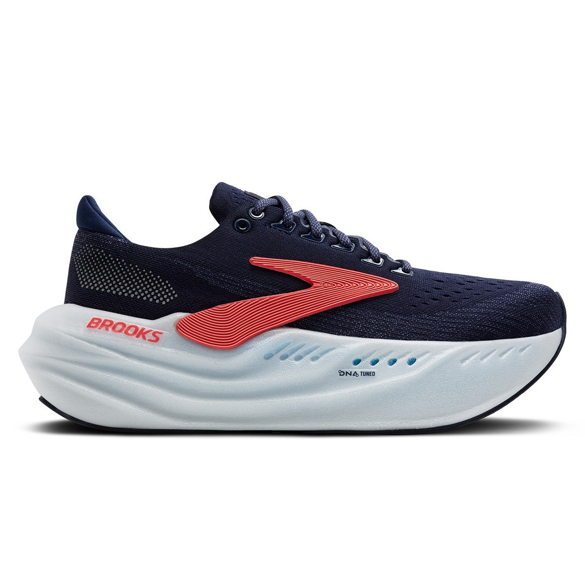 Brooks Glycerin Max women's running shoes in peacoat, blue ribbon, and hot coral, featuring a navy mesh upper, cushioned sole, and distinctive red branding.