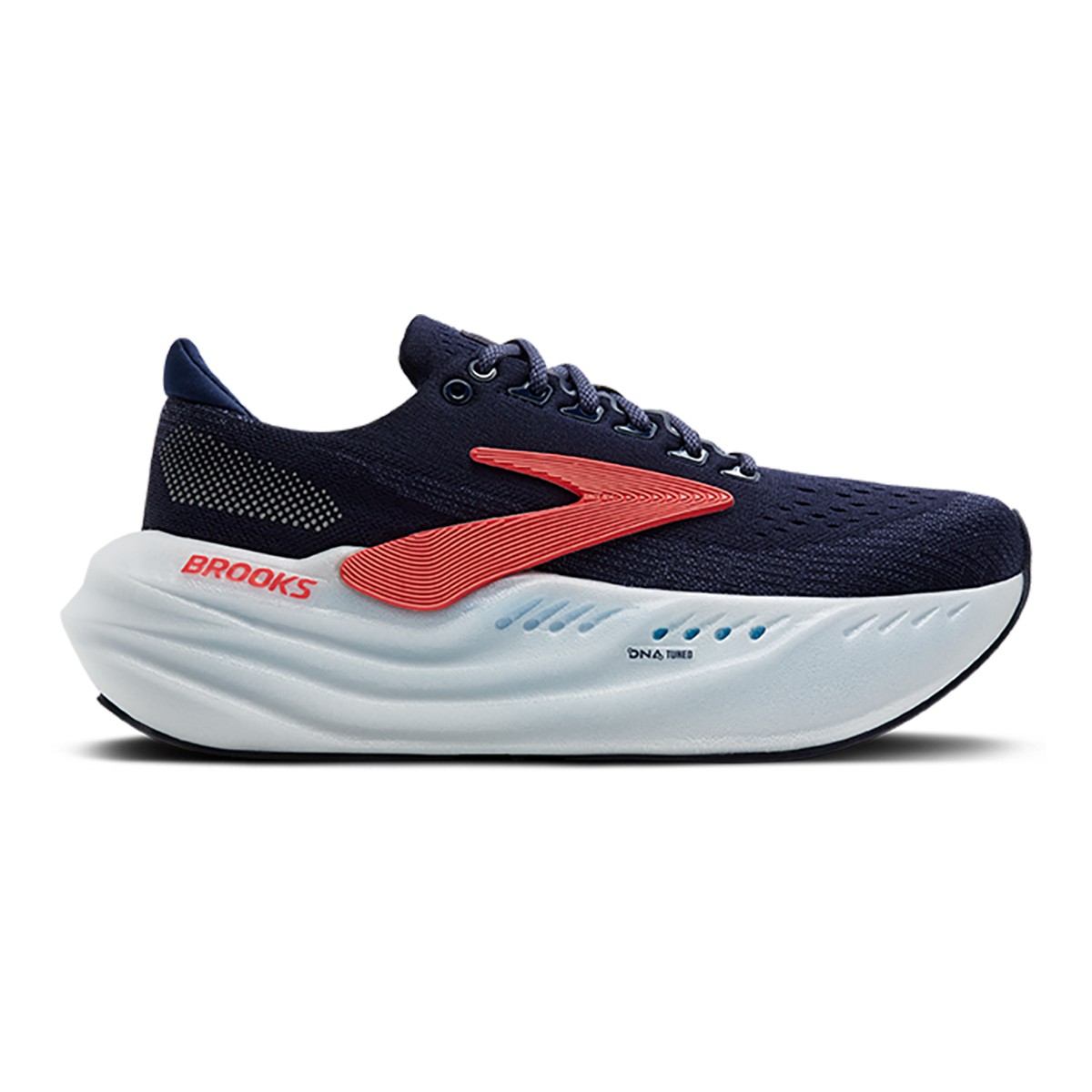 Navy blue women's Brooks Glycerin Max running shoes featuring a mesh upper, vibrant coral accents, and a cushioned white sole for enhanced comfort and support.