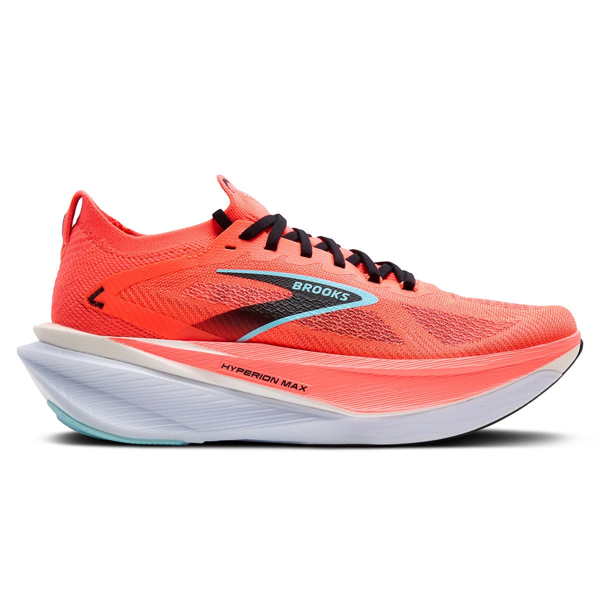 Red Brooks Hyperion Max 3 road running shoes featuring a breathable mesh upper, cushioned sole, and a sleek design with a distinctive blue logo and white midsole.