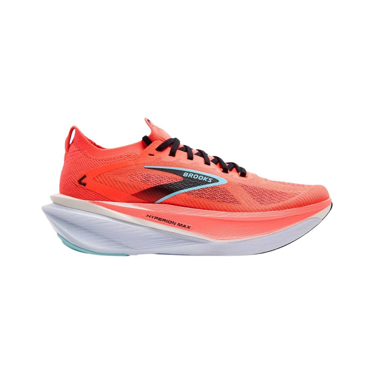 Men's Brooks Hyperion Max 3 running shoes in fiery coral with black and atomizer accents, featuring a synthetic upper and a distinctive cushioned sole for enhanced comfort.