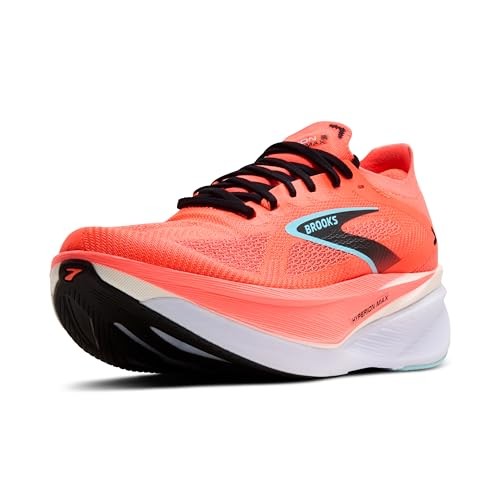 Men's Brooks Hyperion Max 3 road running shoes in vibrant red, featuring a breathable mesh upper, cushioned sole, and sleek design with black and blue accents.