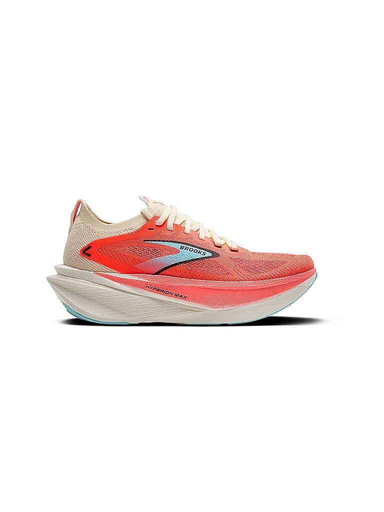 Bright coral and cream women's running shoes with a sleek design, featuring a breathable mesh upper, cushioned sole, and distinctive Brooks branding on the side.
