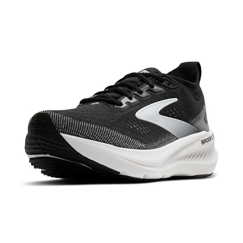 Men's Brooks Glycerin GTS 23 running shoes in black, grey, and white, featuring a breathable mesh upper, cushioned sole, and reflective detailing for visibility.