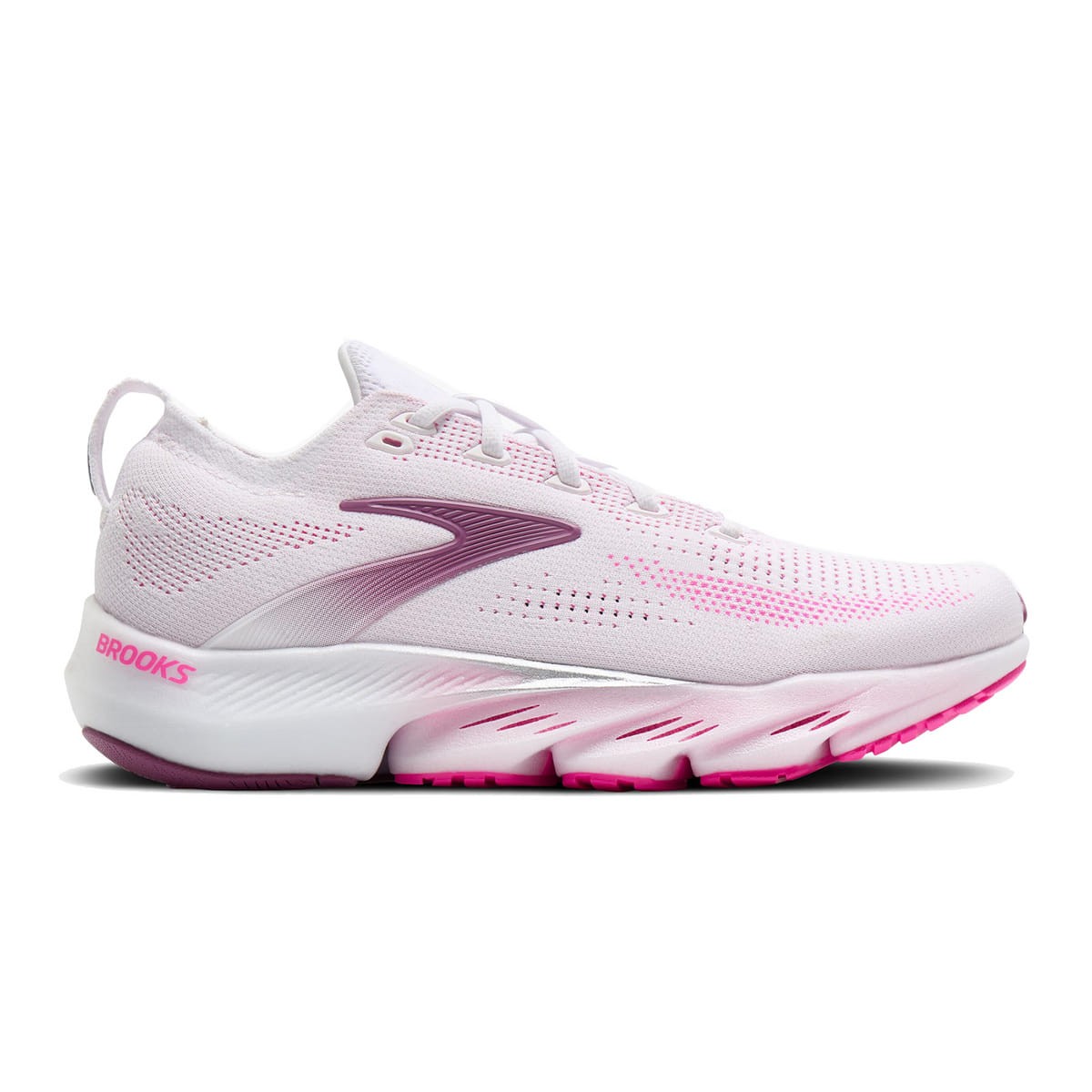 Women's Brooks Glycerin Flex running shoes in white with cyber pink and argyle accents, featuring a breathable mesh upper and cushioned sole for enhanced comfort.