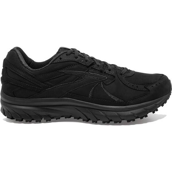 Black Brooks Zeal Walker running shoes feature a sleek design with a textured upper, cushioned sole, and rugged tread for enhanced traction and support.