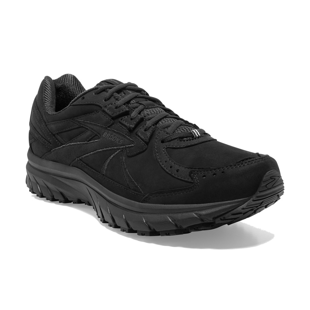 Black Brooks Zeal Walker shoes for men in size 14, featuring a sleek design, suede and mesh upper, cushioned sole, and textured rubber outsole for traction.
