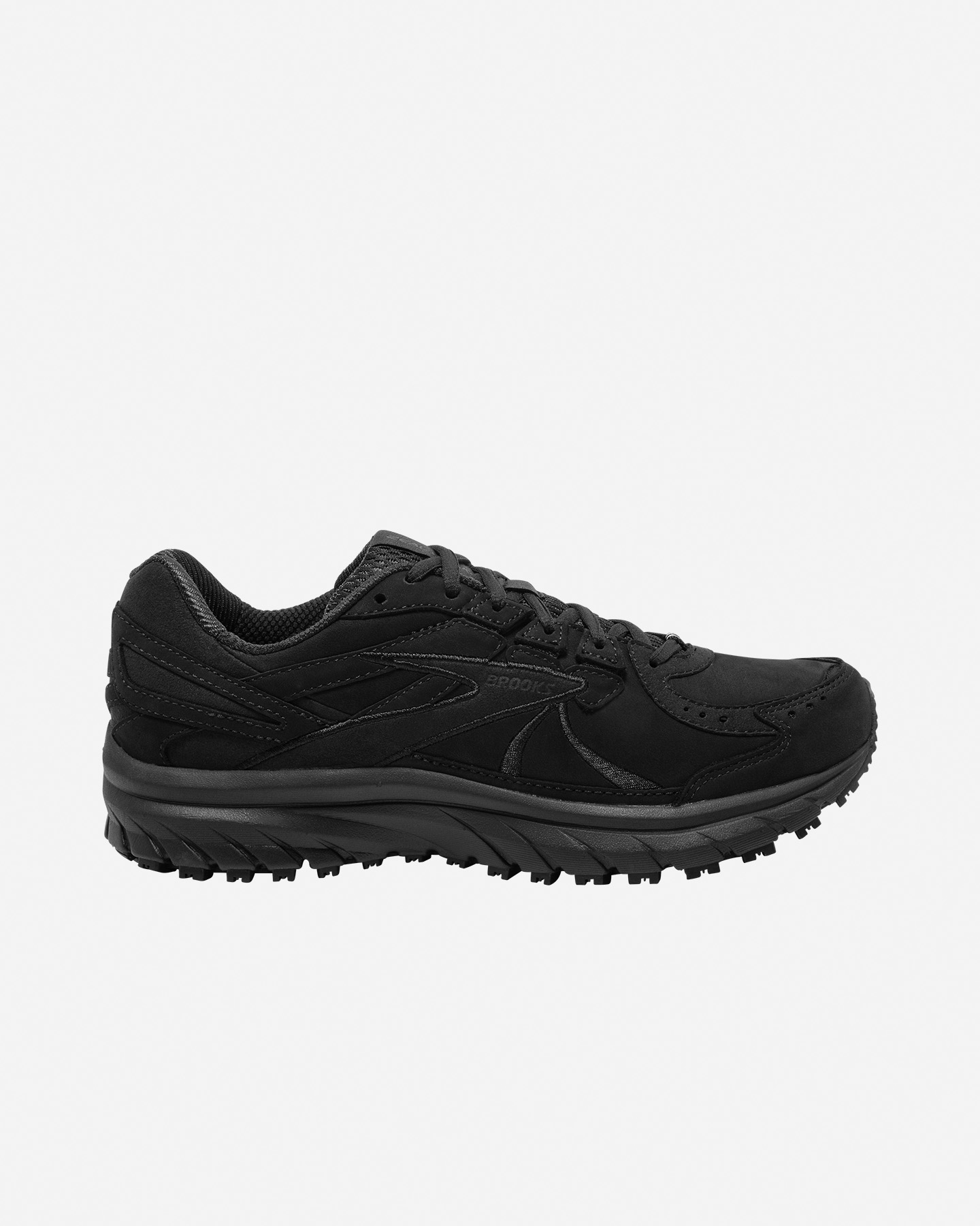 Black women's running shoes by Brooks, featuring a sleek design with a textured upper, cushioned sole, and durable traction outsole for enhanced grip.
