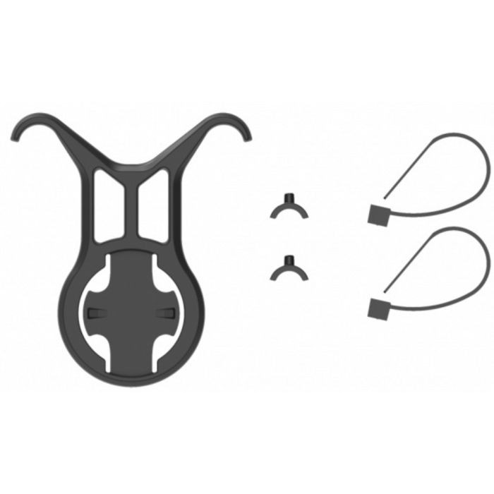 Black plastic Bryton Gardia Saddle Rail Mount with a curved design, featuring two mounting clips and two securing straps for easy installation on bicycle saddles.