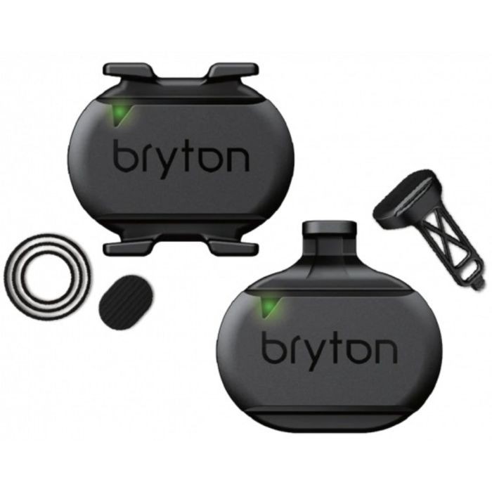 Bryton Smart Speed/Cadence Dual Sensor in black, featuring a sleek design with green LED indicators, includes mounting hardware and rubber grommets for secure attachment.