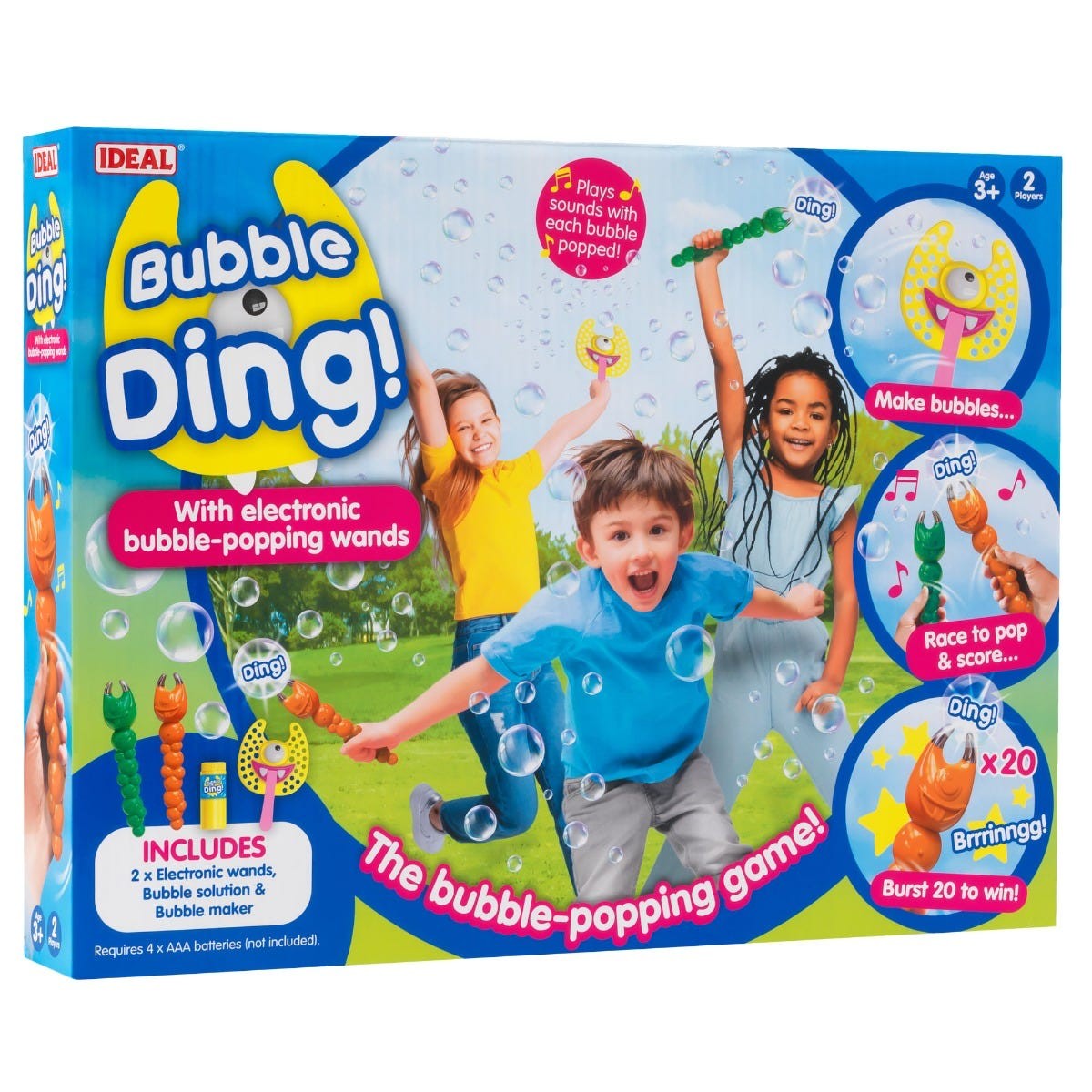 Brightly colored box for "Bubble Ding" electronic game by Ideal, featuring bubble-popping wands, children playing with bubbles, and text highlighting game features and contents.