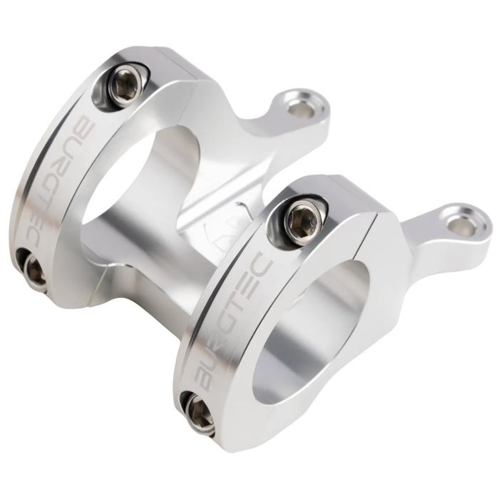 Burgtec Direct Mount MK3 Stem in Rhodium Silver, featuring a sturdy aluminum construction, 35mm clamp diameter, and 50mm length with visible branding and bolt holes.