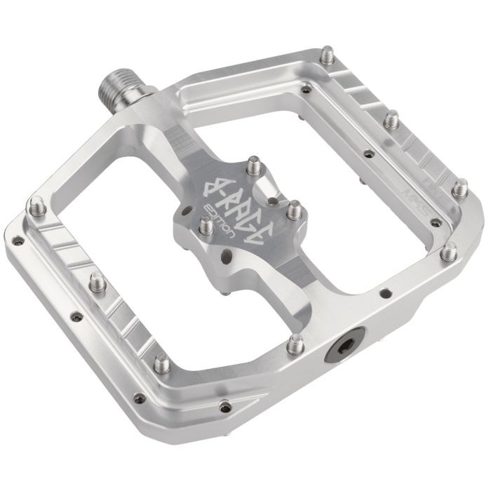 Burgtec Penthouse Flat Mk5 B-Rage Edition pedals in rhodium silver, featuring a sturdy aluminum body, textured grip pins, and a distinctive logo design.
